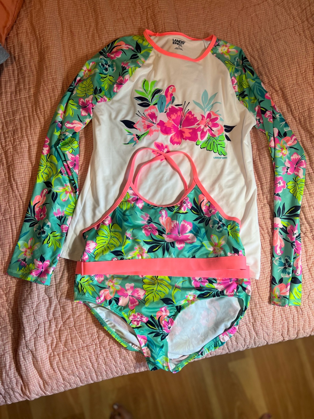 Lands' End Girls Floral Rash Guard Set in Teal, Pink, White